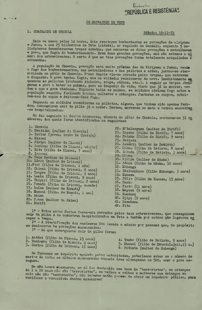 Documento no qual se encontram as descrições dos massacres de Chawola e de Wiriyamu e Juwau, ocorridos em Moçambique
